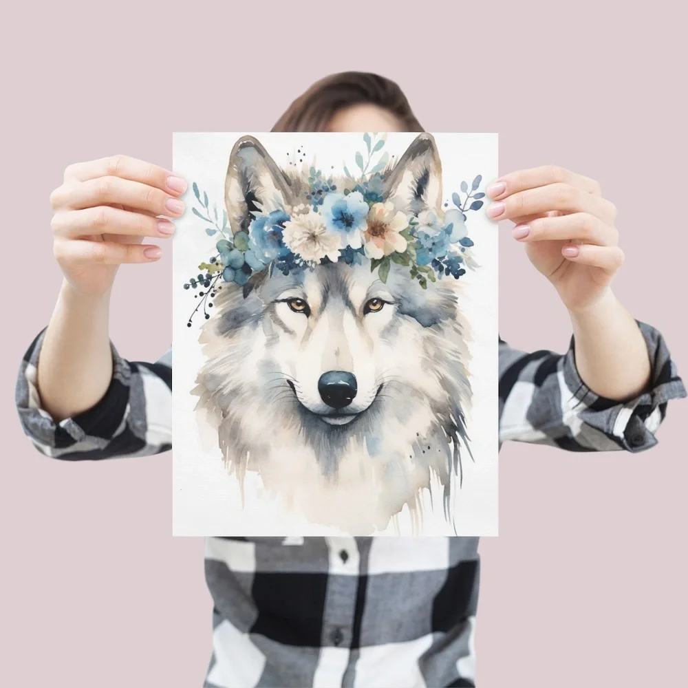 Watercolor Floral Wolf Portrait Wall Art Illustration Print Poster Unframed - Picture 4 of 7